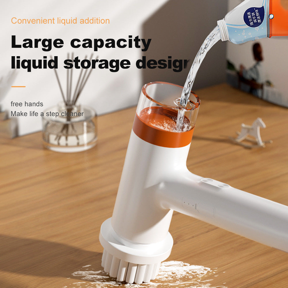 White and Orange Powerful Cordless Electric Spin Scrubber - Rechargeable Multi-Head Cleaning Brush with Soap Dispenser