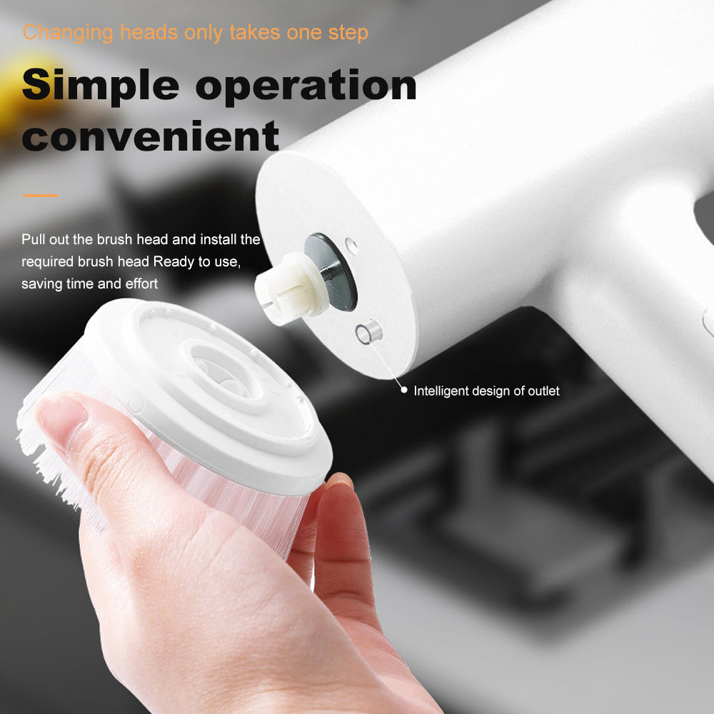 White and Orange Powerful Cordless Electric Spin Scrubber - Rechargeable Multi-Head Cleaning Brush with Soap Dispenser
