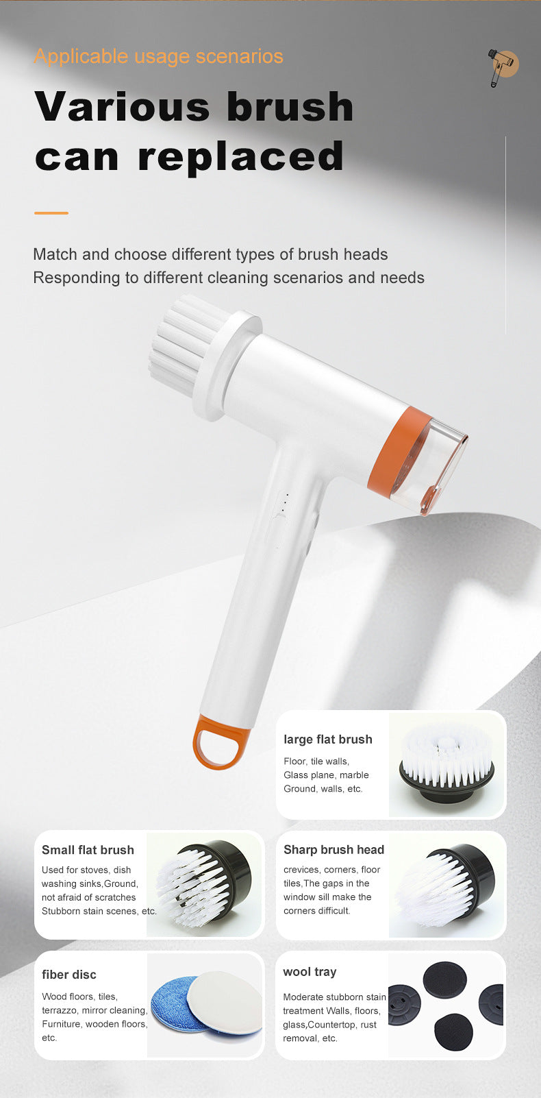 White and Orange Powerful Cordless Electric Spin Scrubber - Rechargeable Multi-Head Cleaning Brush with Soap Dispenser