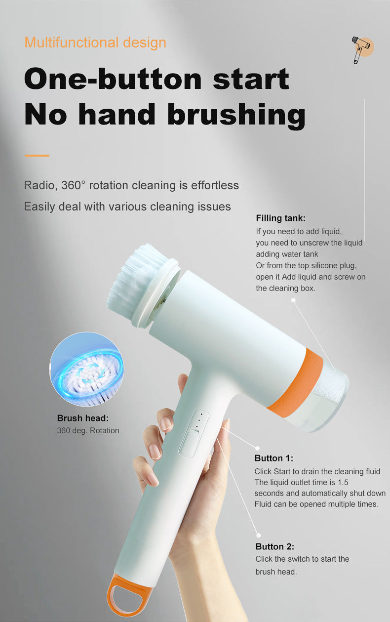 White and Orange Powerful Cordless Electric Spin Scrubber - Rechargeable Multi-Head Cleaning Brush with Soap Dispenser