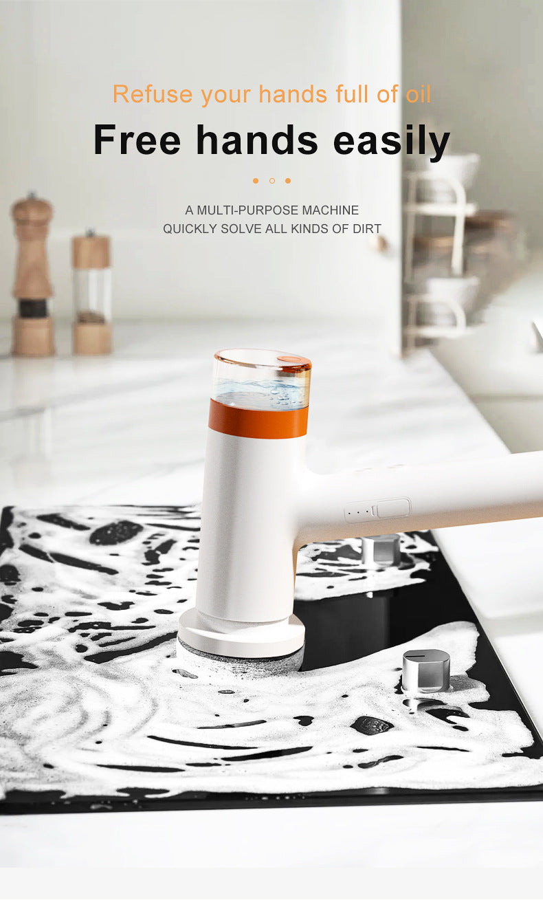 White and Orange Powerful Cordless Electric Spin Scrubber - Rechargeable Multi-Head Cleaning Brush with Soap Dispenser