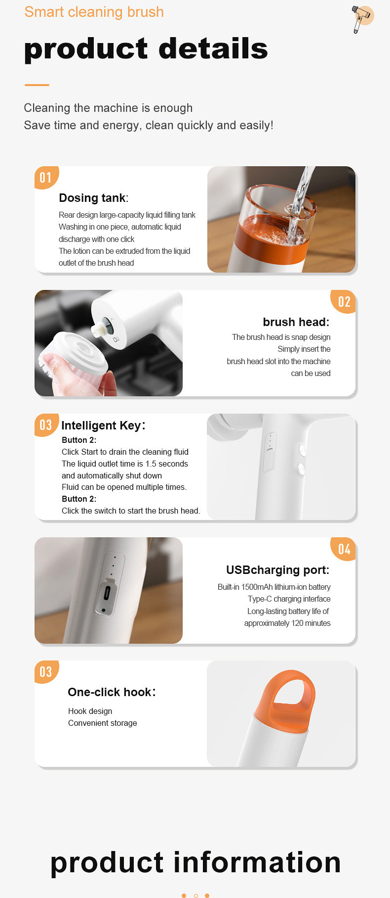 White and Orange Powerful Cordless Electric Spin Scrubber - Rechargeable Multi-Head Cleaning Brush with Soap Dispenser