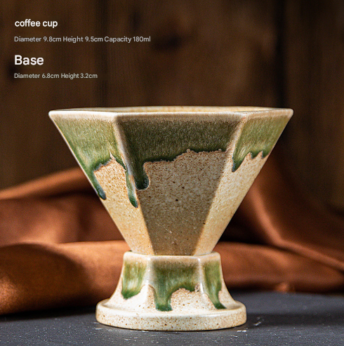 Beige and Green Artistic Hexagonal Ceramic Coffee Cup & Stand Set - 180ml Nordic Design Drip Glaze Mug