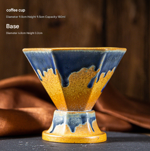 Blue and Gold Artistic Hexagonal Ceramic Coffee Cup & Stand Set - 180ml Nordic Design Drip Glaze Mug