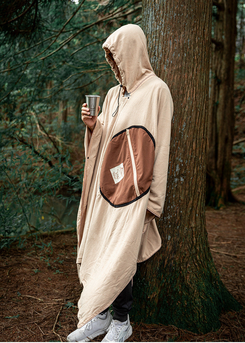 Khaki Cozy 4-in-1 Wearable Fleece Poncho Sleeping Bag - Multifunctional Camping Blanket with Detachable Hood