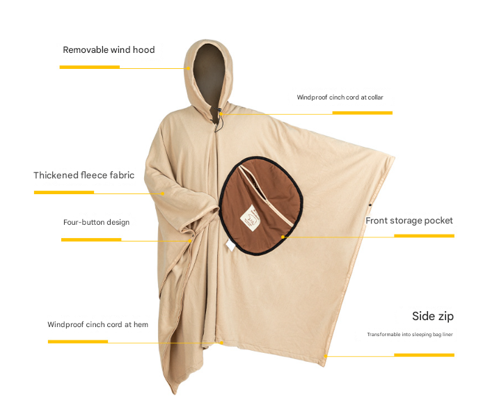 Green Cozy 4-in-1 Wearable Fleece Poncho Sleeping Bag - Multifunctional Camping Blanket with Detachable Hood