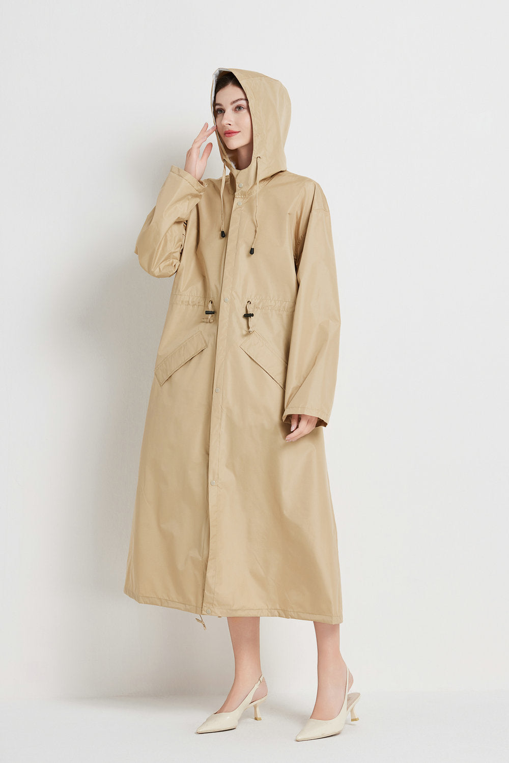 Size M Khaki Women's Chic Lightweight Waterproof Raincoat - Long Hooded Packable Rain Jacket with Pouch