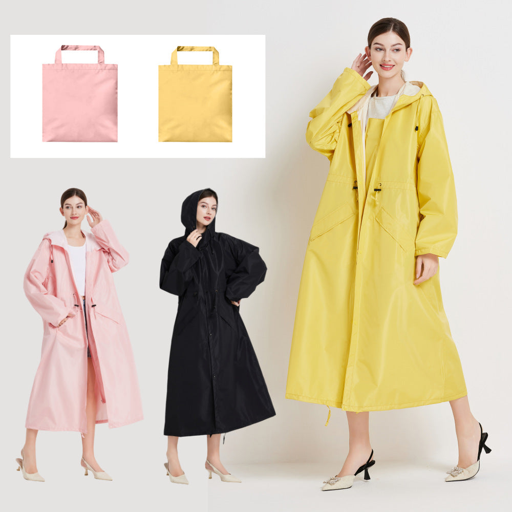 Size M Black Women's Chic Lightweight Waterproof Raincoat - Long Hooded Packable Rain Jacket with Pouch