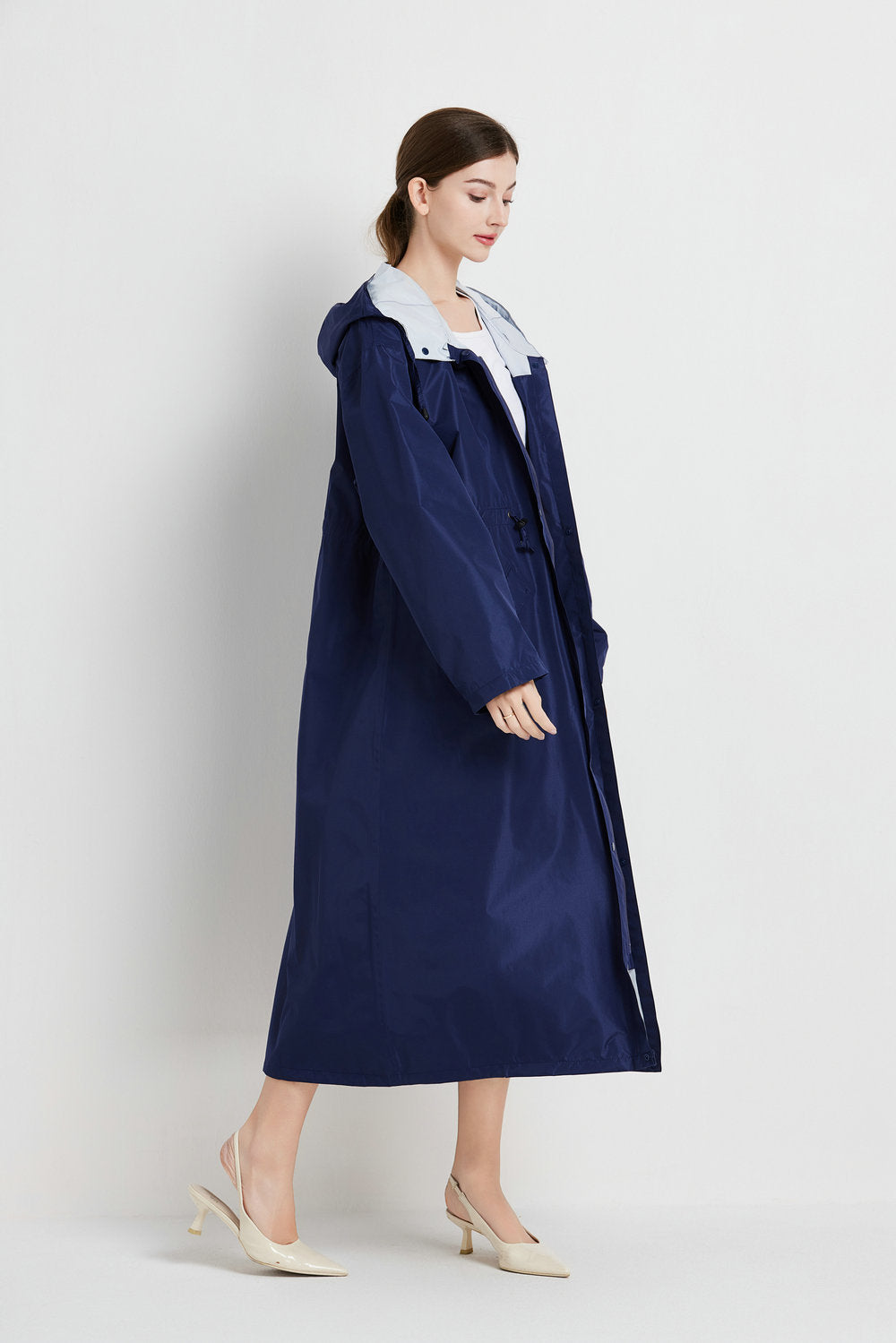 Size L Dark Blue Women's Chic Lightweight Waterproof Raincoat - Long Hooded Packable Rain Jacket with Pouch