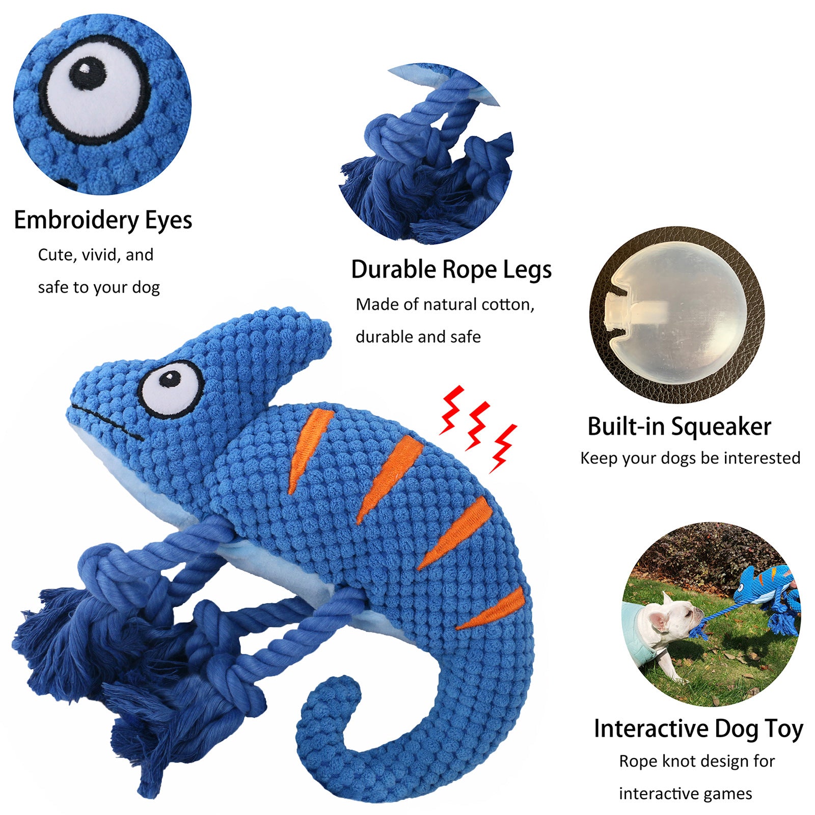 2 Pcs Blue Interactive Plush Chameleon Dog Toy with Squeaker & Rope Legs - Durable Chew Toy for Medium/Large Dogs, Teeth Cleaning Texture, Machine Washable 10.2in