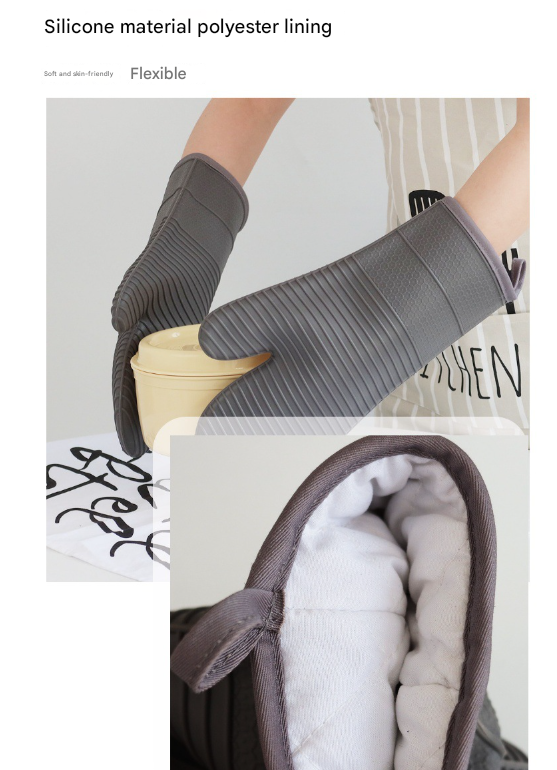 Grey Premium Heat Resistant Silicone Oven Mitts Pair - Non-Slip Grip, Cotton Lined for Kitchen Baking, Grilling & BBQ
