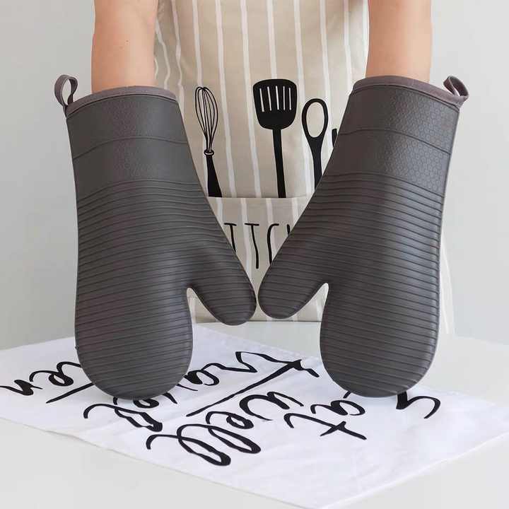Grey Premium Heat Resistant Silicone Oven Mitts Pair - Non-Slip Grip, Cotton Lined for Kitchen Baking, Grilling & BBQ