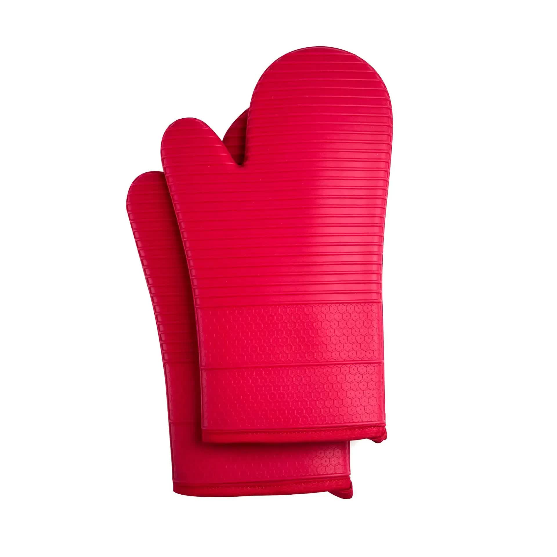 Red Premium Heat Resistant Silicone Oven Mitts Pair - Non-Slip Grip, Cotton Lined for Kitchen Baking, Grilling & BBQ