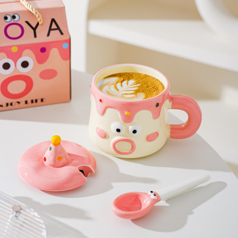 Blue Adorable Cartoon Character Ceramic Mug Set - 420ml with Fun Cake Design Lid & Matching Spoon - Perfect Gift