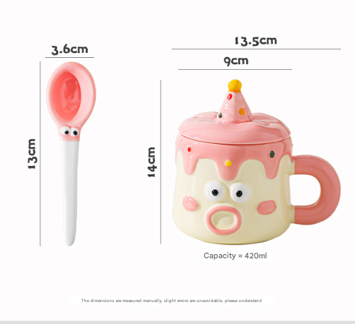 Blue Adorable Cartoon Character Ceramic Mug Set - 420ml with Fun Cake Design Lid & Matching Spoon - Perfect Gift