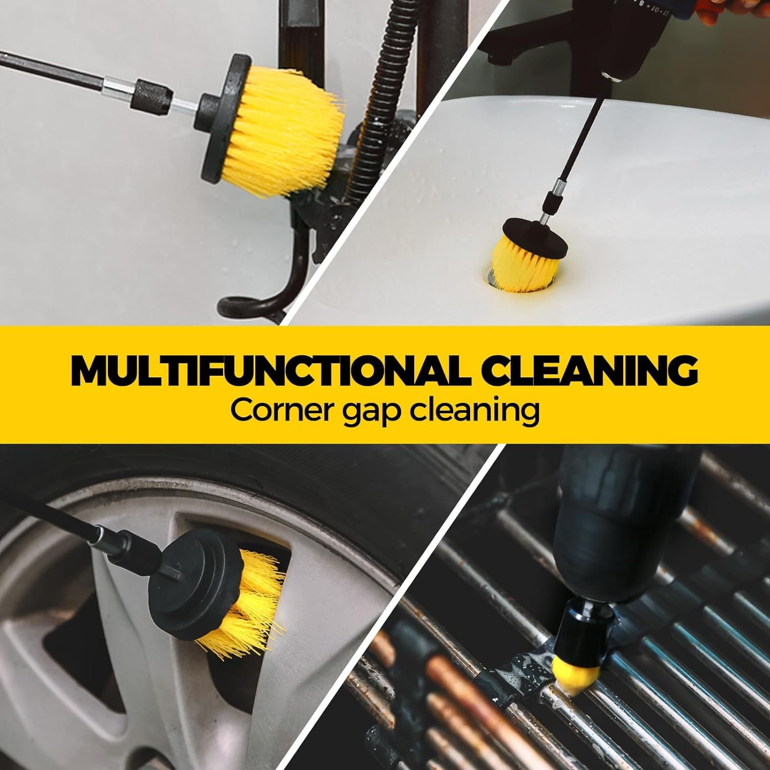 Yellow and Black 6 Pack Drill Brush Power Scrubber Cleaning Brush Extended Long Attachment Set All Purpose Drill Scrub Brushes Kit for Grout, Floor, Tub, Shower, Tile, Bathroom and Kitchen Surface