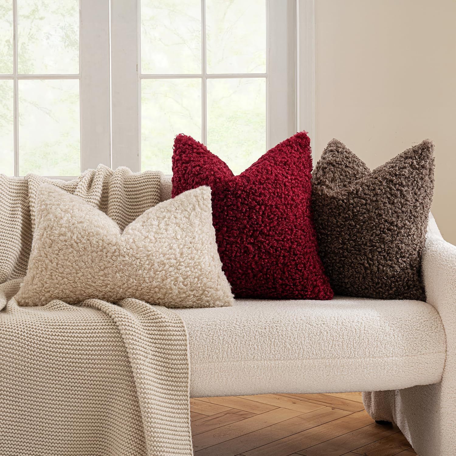 2 Pcs White Cozy Teddy Boucle Cushion Cover - Plush Decorative Square Pillow Case for Sofa & Bed