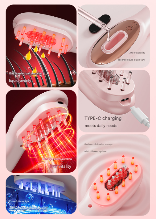 Pink Rechargeable Electric Scalp Massager with Red & Blue Light Therapy - Hair Oil & Serum Applicator Comb Not containing essential oils