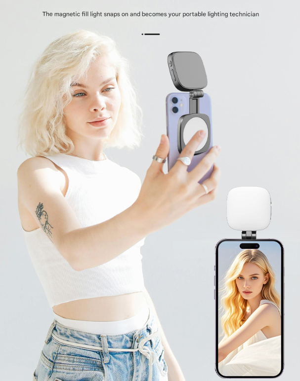 White Magnetic Foldable Selfie Light with Mirror - Rechargeable LED Fill Light for iPhone & Android Vlogging Mobile phone is a shooting prop and is not included