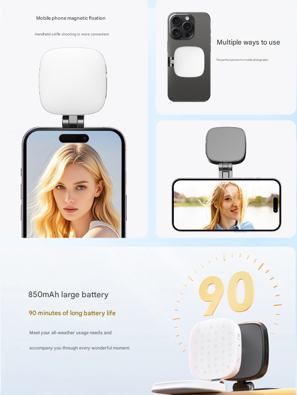 Black Magnetic Foldable Selfie Light with Mirror - Rechargeable LED Fill Light for iPhone & Android Vlogging Mobile phone is a shooting prop and is not included