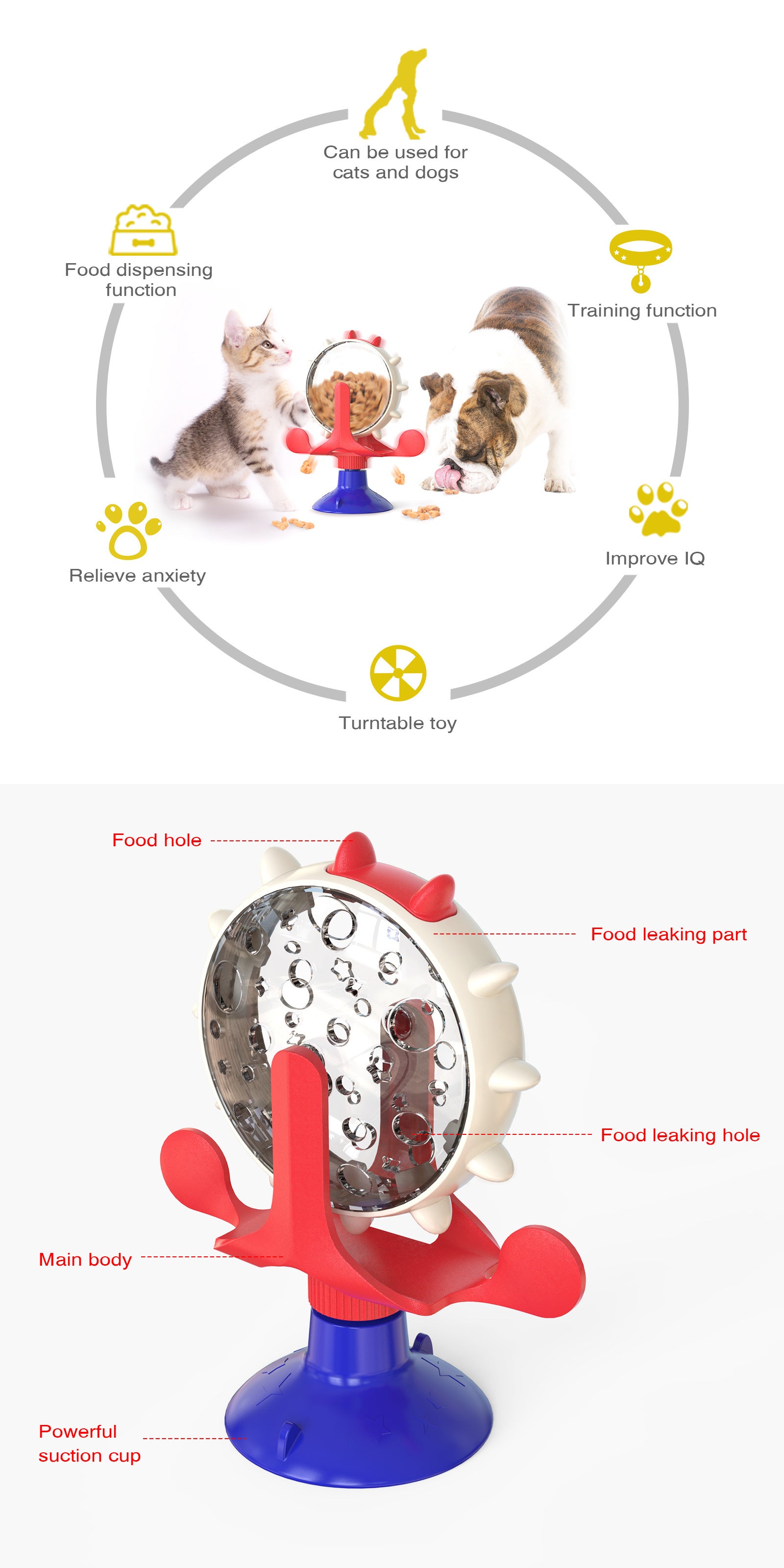 Yellow Interactive Pet Treat Dispenser - Spinning Wheel Food Puzzle Toy for Cats & Dogs with Suction Cup Base