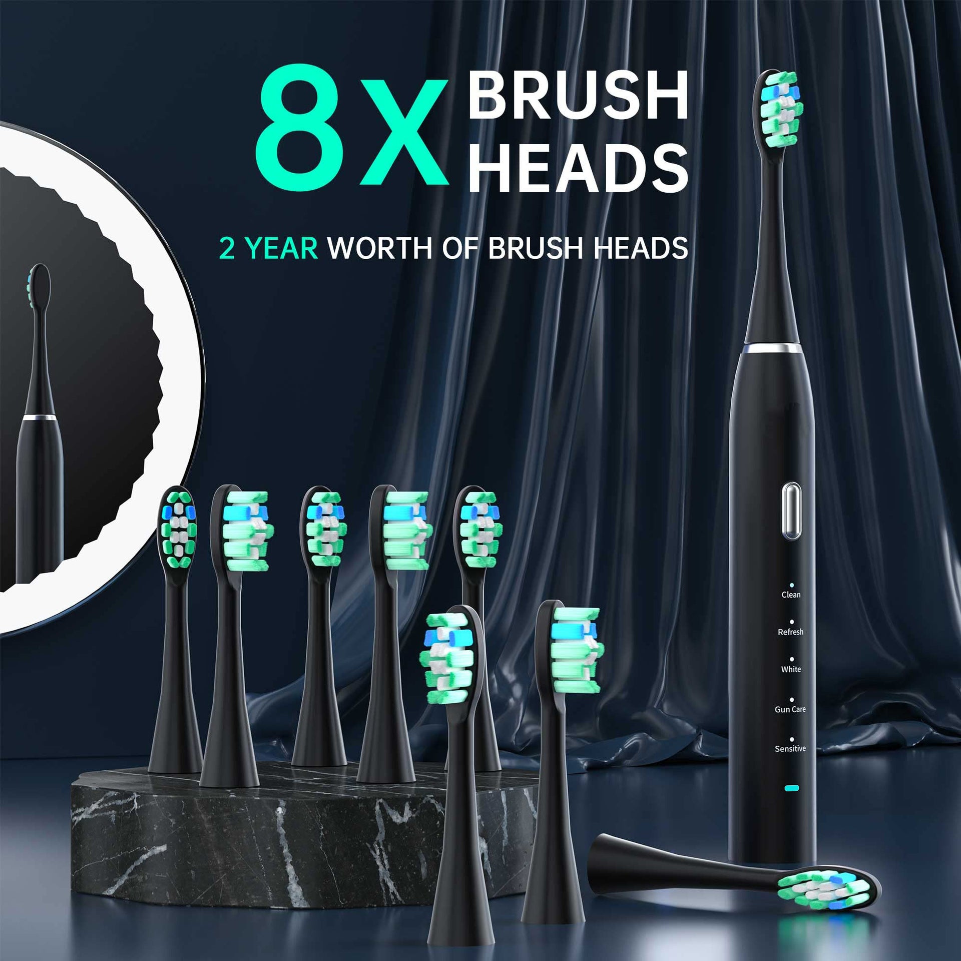 Pink Sonic Rechargeable Electric Toothbrush with 8 Heads & Travel Case - 5 Brushing Modes & Smart Timer USB