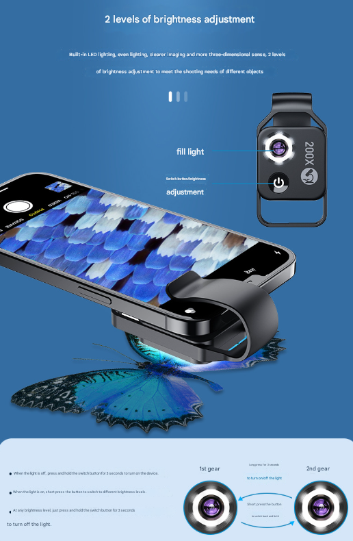 Black Portable 200X Clip-On Microscope Lens for Smartphone - HD Pocket Magnifier with CPL Filter and LED Light excluding mobile phones