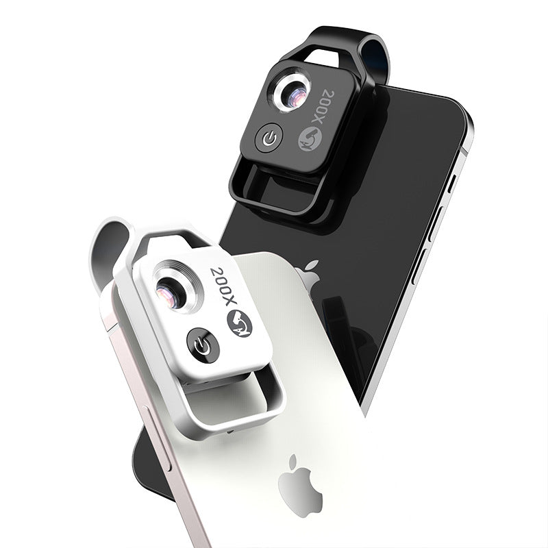 White Portable 200X Clip-On Microscope Lens for Smartphone - HD Pocket Magnifier with CPL Filter and LED Light excluding mobile phones