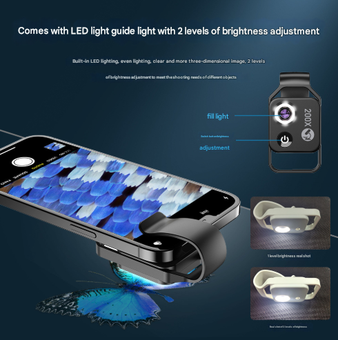 White Portable 200X Clip-On Microscope Lens for Smartphone - HD Pocket Magnifier with CPL Filter and LED Light excluding mobile phones