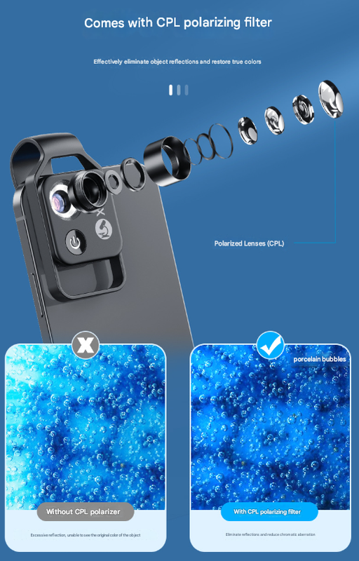 White Portable 200X Clip-On Microscope Lens for Smartphone - HD Pocket Magnifier with CPL Filter and LED Light excluding mobile phones