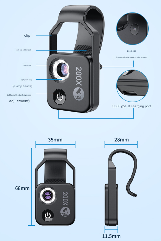 White Portable 200X Clip-On Microscope Lens for Smartphone - HD Pocket Magnifier with CPL Filter and LED Light excluding mobile phones
