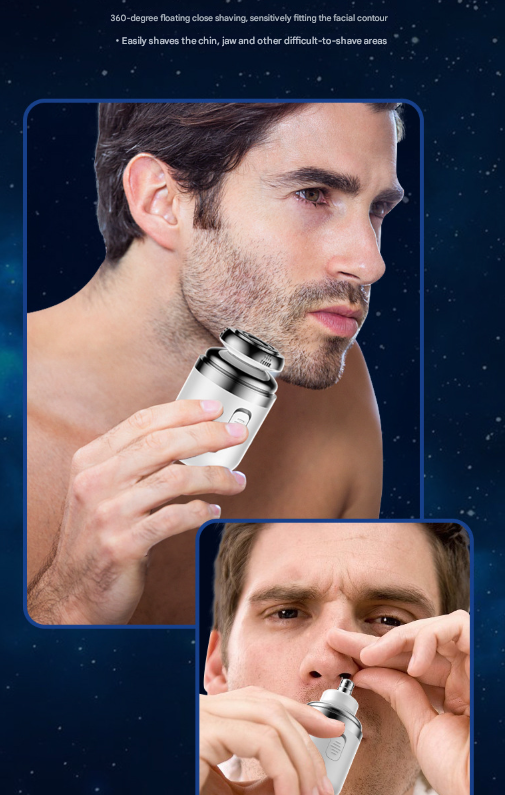 White Portable Mini Electric Shaver for Men - USB Fast-Charge Travel Razor with Washable Head & Nose Trimmer Attachment