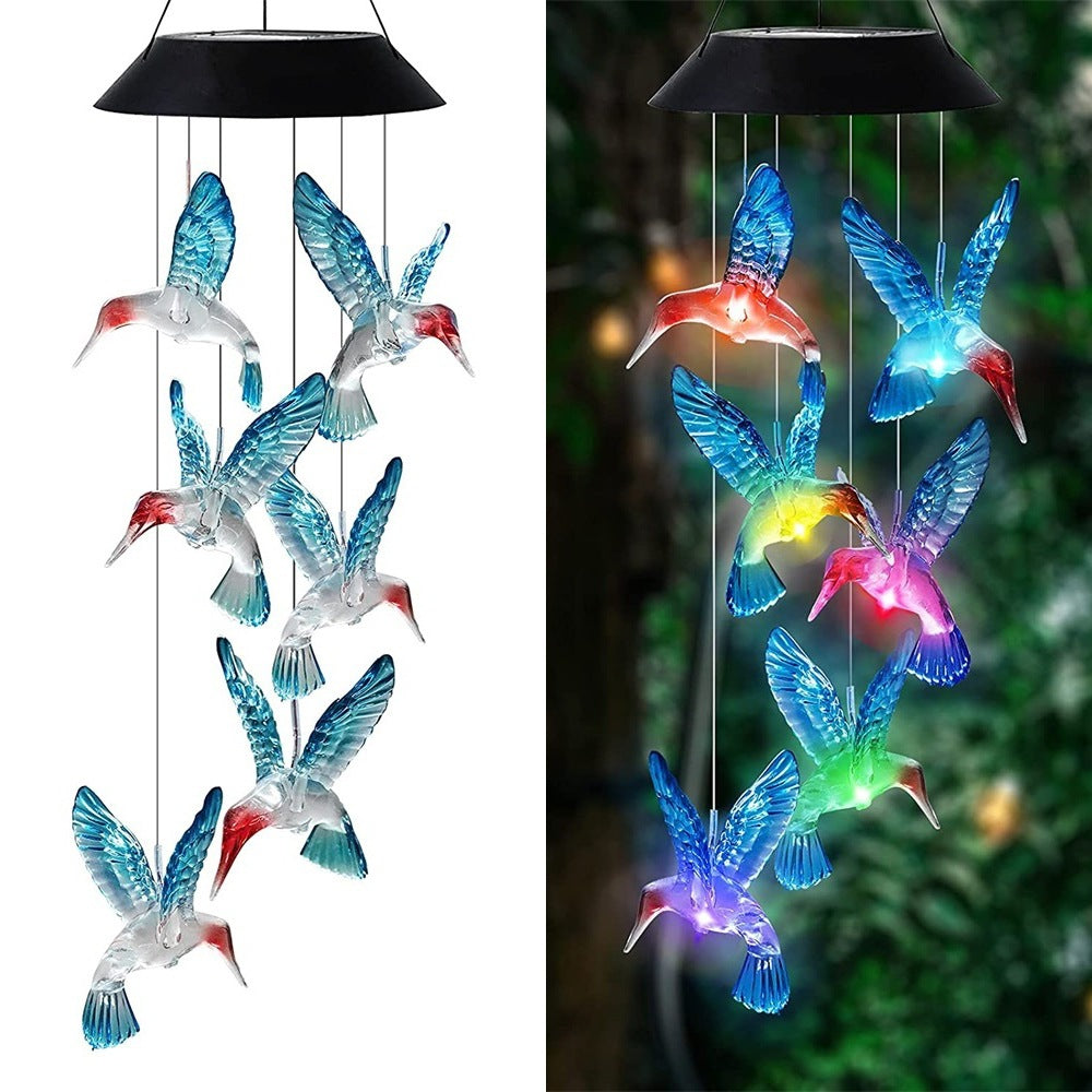 Blue Solar Powered Hummingbird Wind Chime Without bell - Color-Changing LED Hanging Garden Light Outdoor Decor