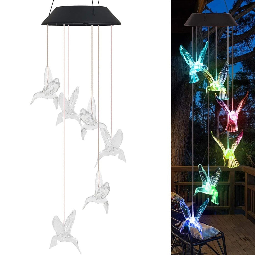 Transparent Solar Powered Hummingbird Wind Chime Without bell - Color-Changing LED Hanging Garden Light Outdoor Decor