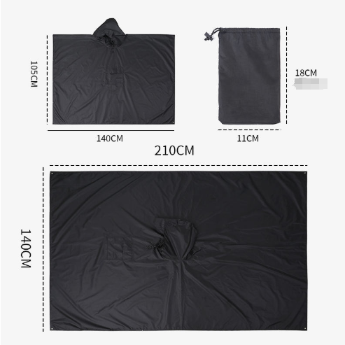 Black 3-in-1 Waterproof Rain Poncho - Lightweight Hooded Raincoat, Ground Tarp & Emergency Shelter for Hiking, Camping, and Outdoor Survival