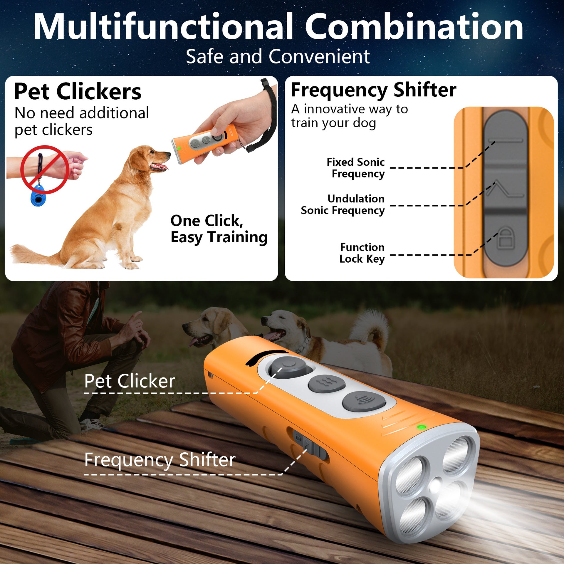 Yellow Ultrasonic Dog Barking Control Device - Dual Frequency Anti-Bark Trainer with IP65 Waterproof 11.8x48.5x44mm