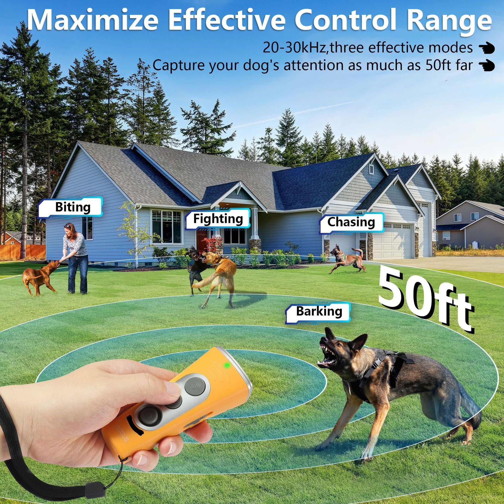 Yellow Ultrasonic Dog Barking Control Device - Dual Frequency Anti-Bark Trainer with IP65 Waterproof 11.8x48.5x44mm