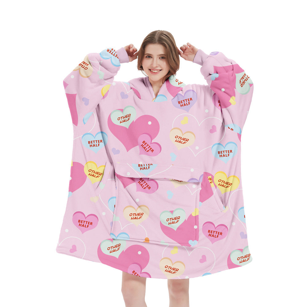 Pink Heart Oversized Wearable Blanket Hoodie - Ultra Soft & Cozy Snuggle Pullover for Adults