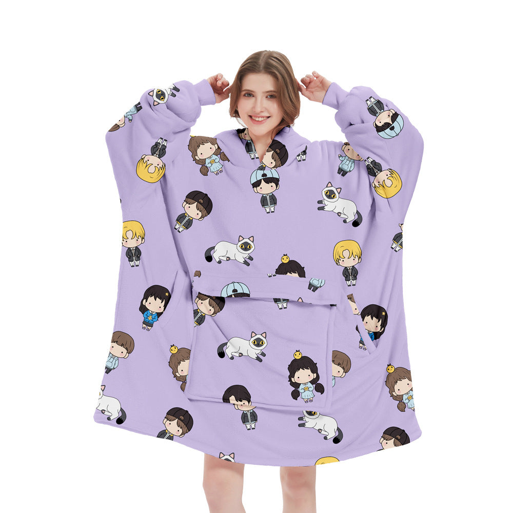 Purple Cartoon Oversized Wearable Blanket Hoodie - Ultra Soft & Cozy Snuggle Pullover for Adults