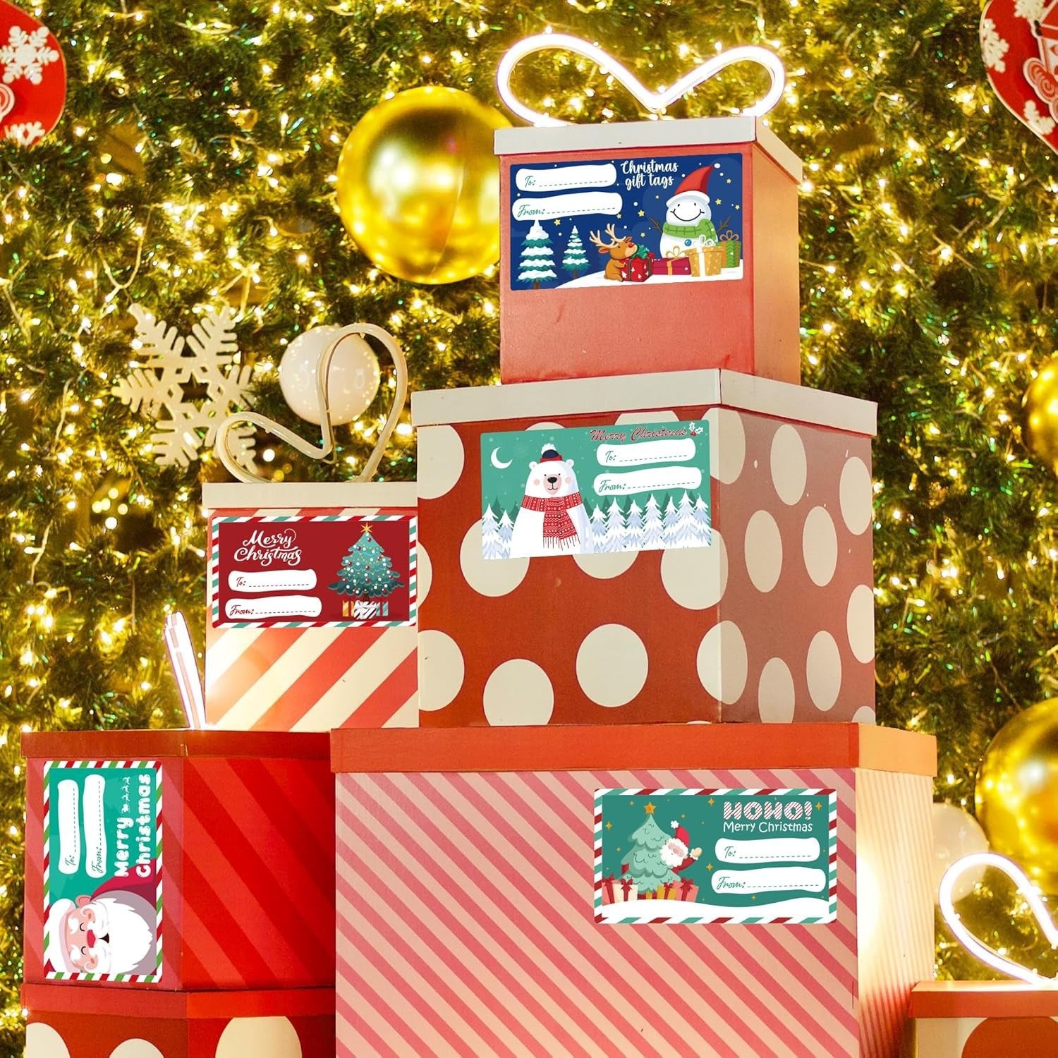 Set of 4 Christmas Gift Tag Sticker Rolls - 2000 Self-Adhesive Labels for Presents