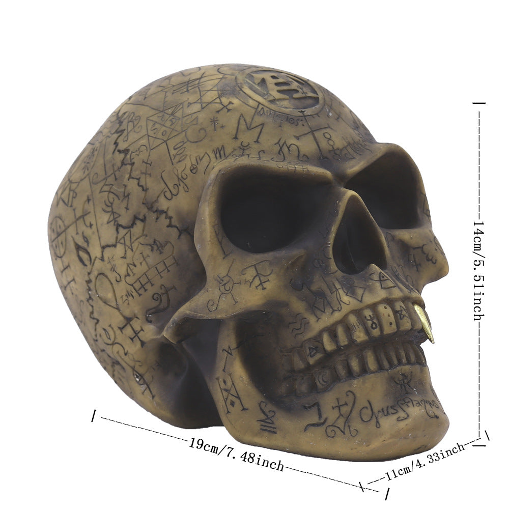 Mystic Runic Skull Statue with Gold Fang - Hand-Painted Resin Figurine for Gothic & Halloween Decor
