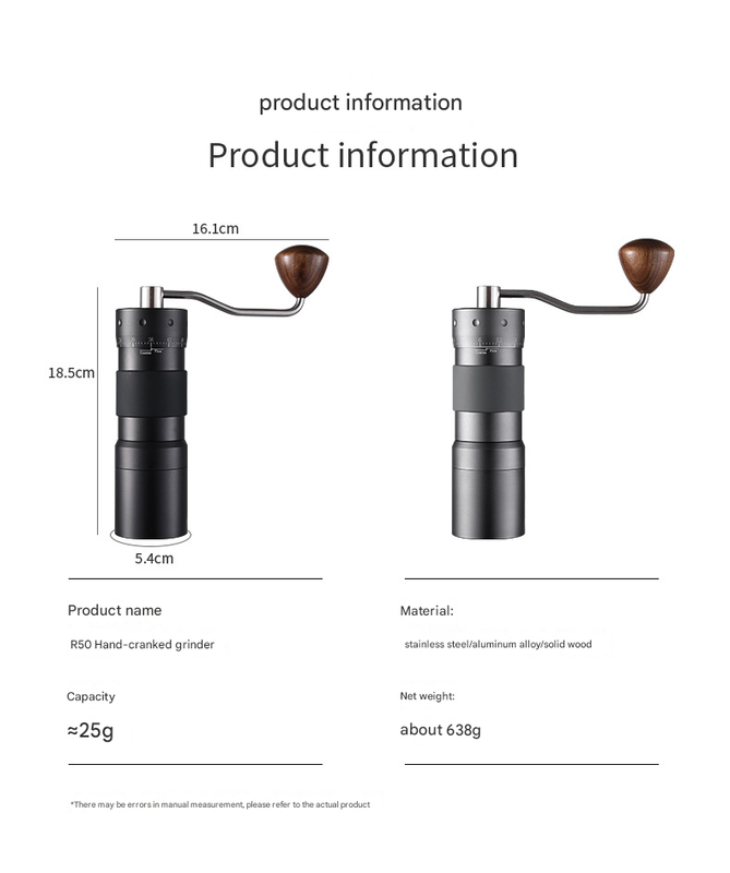 Grey Premium 7-Star Manual Coffee Grinder - Portable Bean Mil R50pro