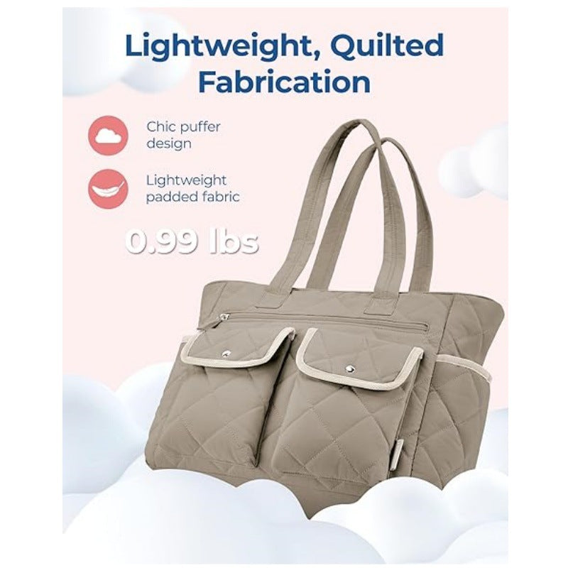 Grayish-brown Women's Multi-Pocket Tote Bag - Large Quilted Travel Handbag for Work, Gym, and More