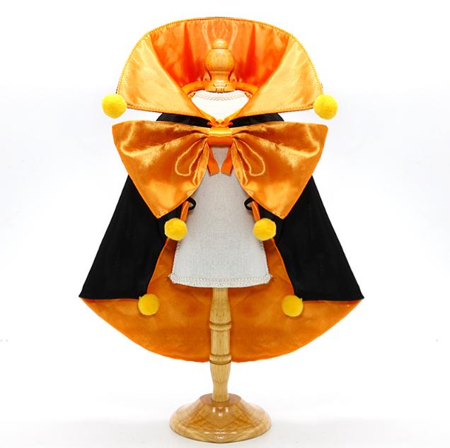Orange Regal Vampire Pet Cape | Halloween & Christmas Costume Cloak with Bow & Pom-Poms for Dogs and Cats Size M