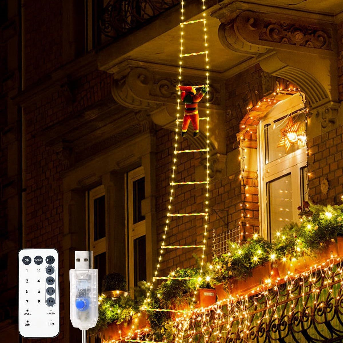 Festive Climbing Santa LED Ladder Light - USB Powered Outdoor Christmas Hanging Decoration with Remote 1.7m