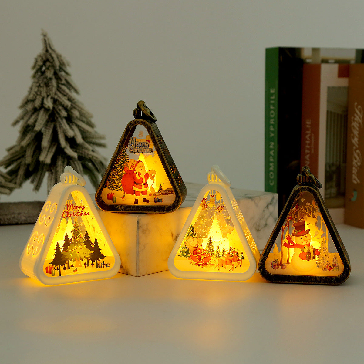 Bronze color Christmas tree Charming Christmas Scene Mini Lanterns Set of 3 - Battery Operated LED Lights for a Cozy Holiday Glow