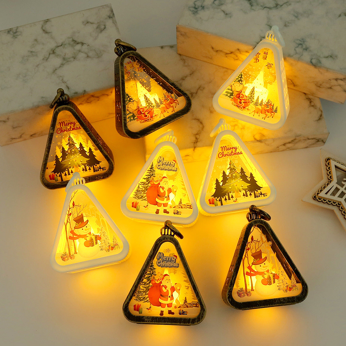 Bronze color Christmas tree Charming Christmas Scene Mini Lanterns Set of 3 - Battery Operated LED Lights for a Cozy Holiday Glow