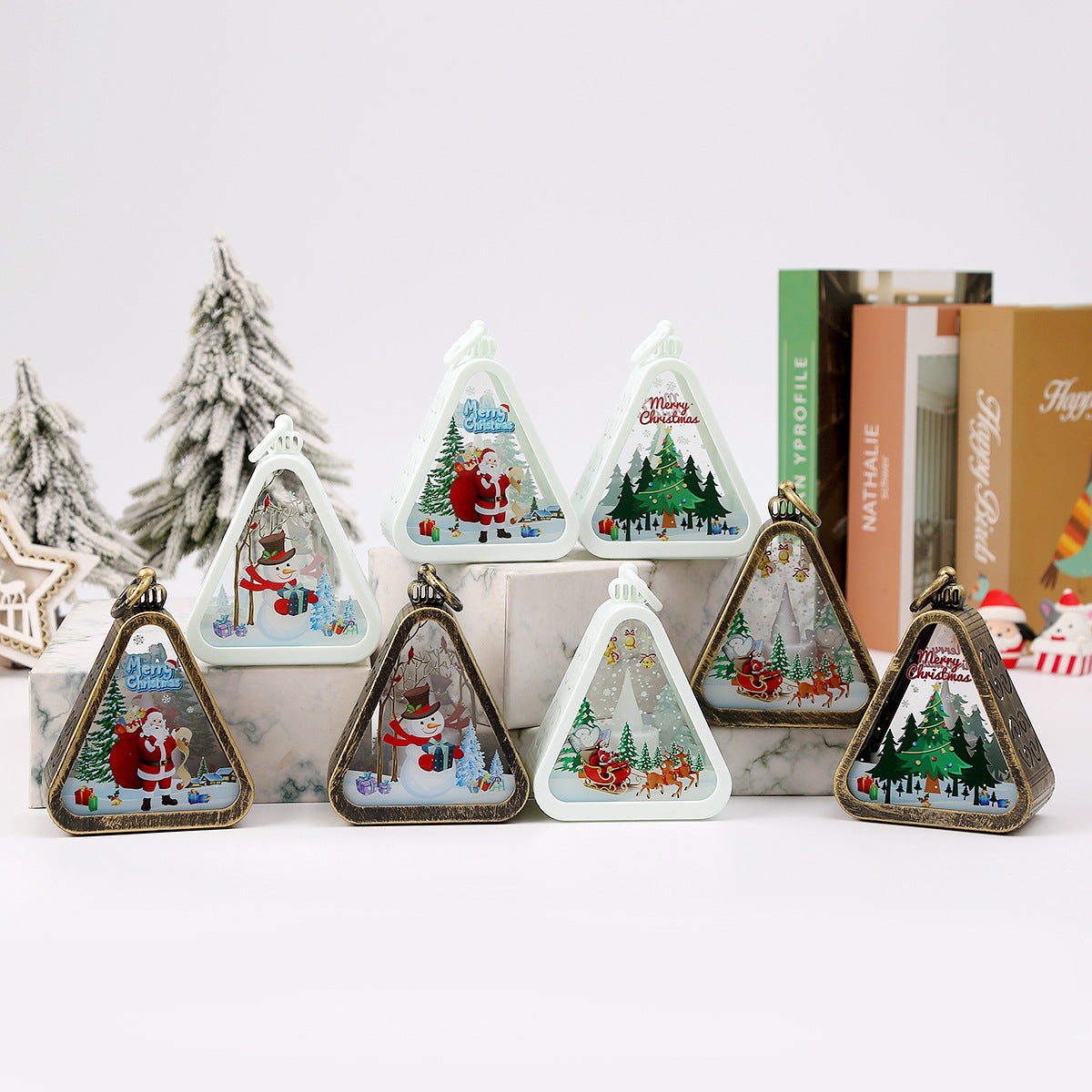 Bronze color Christmas tree Charming Christmas Scene Mini Lanterns Set of 3 - Battery Operated LED Lights for a Cozy Holiday Glow