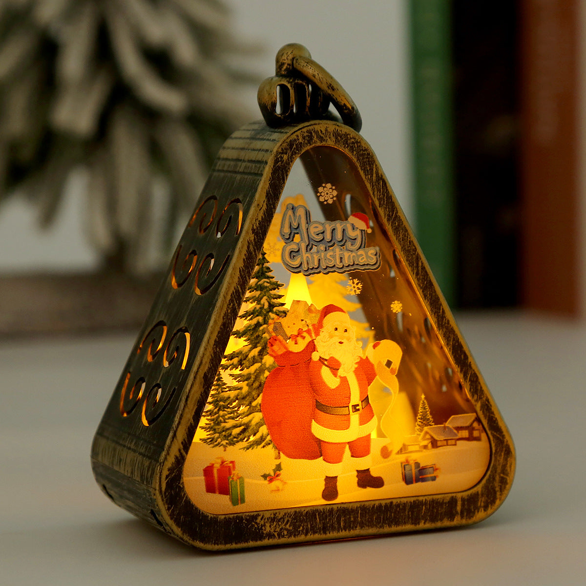 Bronze color Santa Claus Charming Christmas Scene Mini Lanterns Set of 3 - Battery Operated LED Lights for a Cozy Holiday Glow