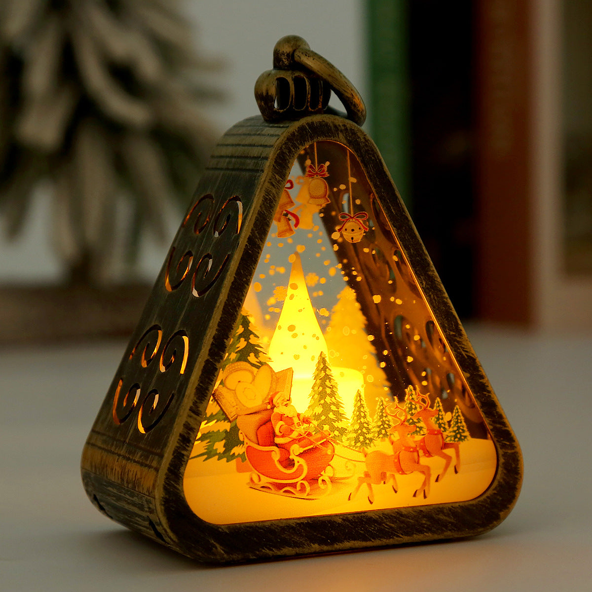 Bronze color Elk Charming Christmas Scene Mini Lanterns Set of 3 - Battery Operated LED Lights for a Cozy Holiday Glow